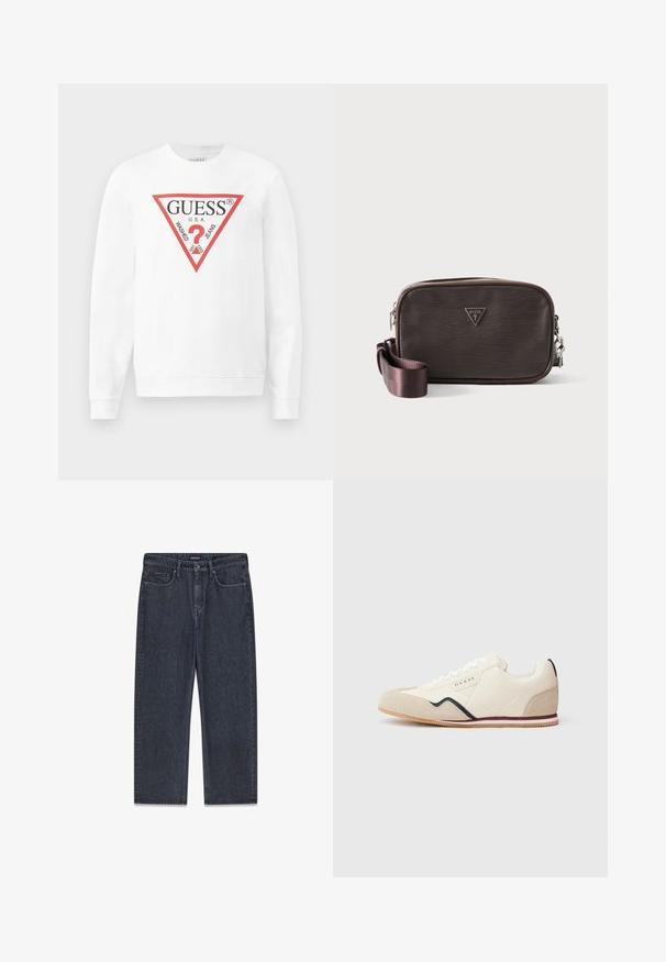Valge puuvillane sviiter, millel on suur punane kolmnurkne logo, millel on tekst "GUESS U.S.A." ja "WASHED JEANS", ning keskel küsimärgi ikoon.; Tumedast denimist laia säärega teksad, millel on keskmise kõrgusega vöökoht, esimesed taskud ja silmapaistvad õmblused, esitatud valgel taustal laotatult.; Valge nahast tennisking koos seemisnahast detailidega, millel on must laineline joon mööda külge, valged paelad ja beež kummist tald.; Ristkülikukujuline tumepruun lukkudega kantav kott tekstuurse pinnaga, hõbedane tõmblukk, kolmnurkne Guessi logo ning reguleeritava rihmaga, mis on kõrval rulli keeratud.