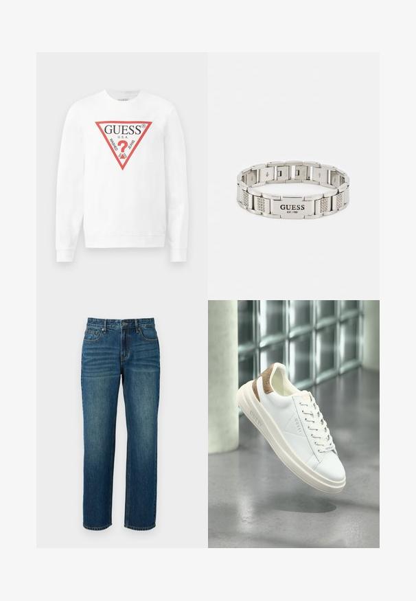 Hvid bomulds sweatshirts med et stort rødt trekantet logo med teksten "GUESS U.S.A." og "WASHED JEANS", samt et centralt spørgsmålstegn ikon.; Mørkeblå denim jeans med lige ben, der har fem lommer, bæltestropper og let falming på lårene.; Hvide lædersneakers med beige mønstret accent på hælen, glat tekstur, snørebåndsdesign og prægede branding på siden.; Guess FLAT CHAIN UNISEX - Armbånd - silver-coloured