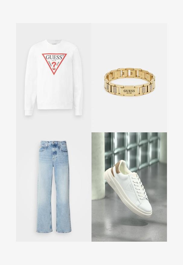 Hvid bomulds sweatshirts med et stort rødt trekantet logo med teksten "GUESS U.S.A." og "WASHED JEANS", samt et centralt spørgsmålstegn ikon.; Lysblå vide jeans med høj talje, der har en falmet finish, bæltestropper og klassisk fem-lomme design. Kantene er rå.; Hvide lædersneakers med beige mønstret accent på hælen, glat tekstur, snørebåndsdesign og prægede branding på siden.; Guldbelagt armbånd med skiftende glatte og teksturerede led, der har tre sektioner med små sølvfarvede rhinsten og indgraveret logo.
