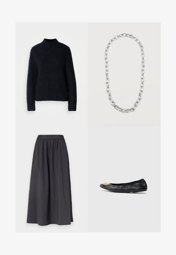 Pull en tricot bleu marine avec un col montant, des manches longues et un ourlet côtelé. Texture douce, coupe décontractée, sans motifs visibles ni détails en métal.; Jupe en coton noir avec une taille élastiquée, de forme évasée, et une texture lisse, atteignant la mi-mollet sans motifs ni éléments métalliques visibles.; Ballerine en cuir noir avec un bout arrondi, présentant un accent en métal doré sur le bout, une texture lisse et une semelle flexible.; Collier chaîne en métal argenté avec de grands maillons ovales entrelacés formant une boucle allongée sur fond blanc.