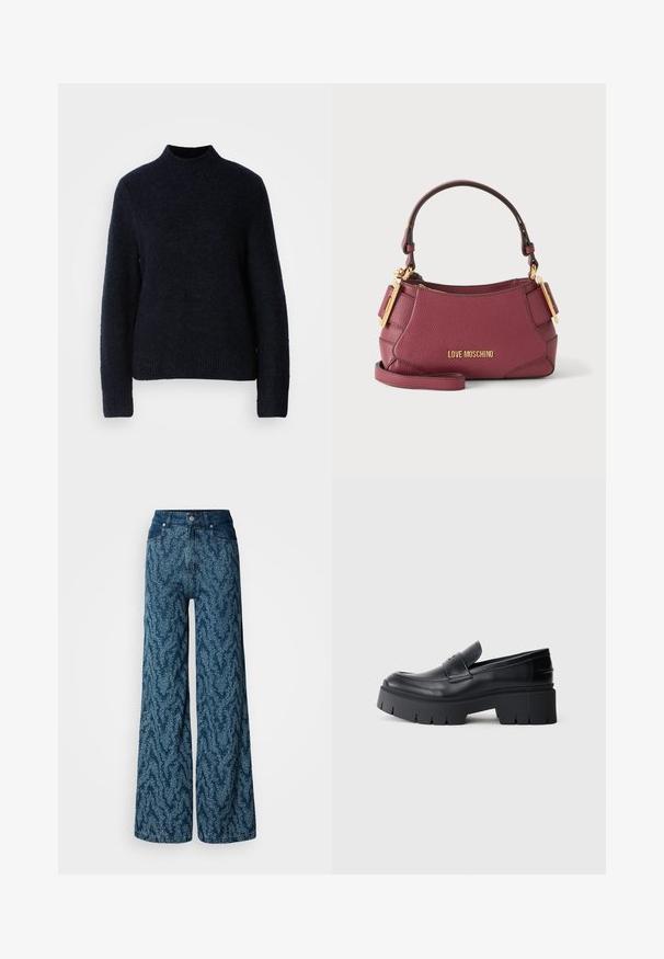 Pull en tricot bleu marine avec un col montant, des manches longues et un ourlet côtelé. Texture douce, coupe décontractée, sans motifs visibles ni détails en métal.; Jean large taille haute en denim bleu foncé avec un motif abstrait tacheté bleu clair, bouton à l'avant et poches.; Mocassin plateforme noir épais avec tige en cuir lisse, sangle décorative et semelle texturée épaisse sur fond blanc.; Petit sac à main en cuir grenat avec des pièces métalliques dorées, une poignée supérieure et le logo "LOVE MOSCHINO" sur le devant.