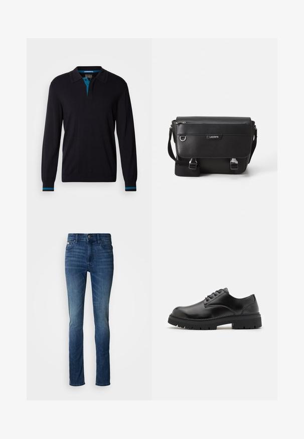 Scotch & Soda LONG SLEEVE POLO - Πουλόβερ - anthracite; Σκούρο μπλε τζιν με ίσια γραμμή στο πόδι, με διακριτική ξεθώριαση, κλασικό σχέδιο με πέντε τσέπες και κούμπωμα με κουμπί στη μέση.; Μαύρα δερμάτινα παπούτσια με στρογγυλή μύτη, σχέδιο με κορδόνια και παχιά, υφή από καουτσούκ σόλα. Διαθέτει ραφή κατά μήκος της άκρης και ομαλή φινιρίσματα.; Μαύρη υφασμάτινη τσάντα ώμου Lacoste με ρυθμιζόμενο λουρί, εμπρόσθιο καπάκι, τσέπη με φερμουάρ και μεταλλικές κλειστές θηλιές.