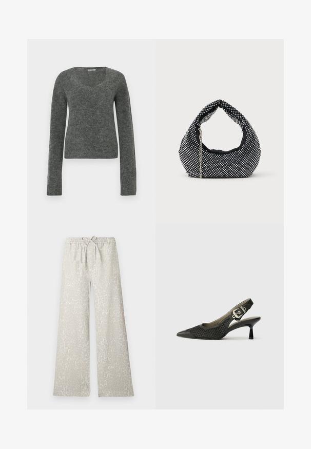 Pull gris à manches longues en tissu doux et texturé, avec un col large et arrondi et une silhouette ajustée.; Pantalon à jambes larges en tissu gris clair avec un motif léopard subtil, doté d'une ceinture élastique et d'un cordon ajustable.; Chaussure slingback noire avec un bout pointu, texture en maille tissée et accent de boucle au talon. Talon fin et courbé. Détails en cuir lisse.; Sac à main en maille noire orné de clous en argent, avec une poignée incurvée et une bandoulière en chaîne. Texture douce avec une forme arrondie.