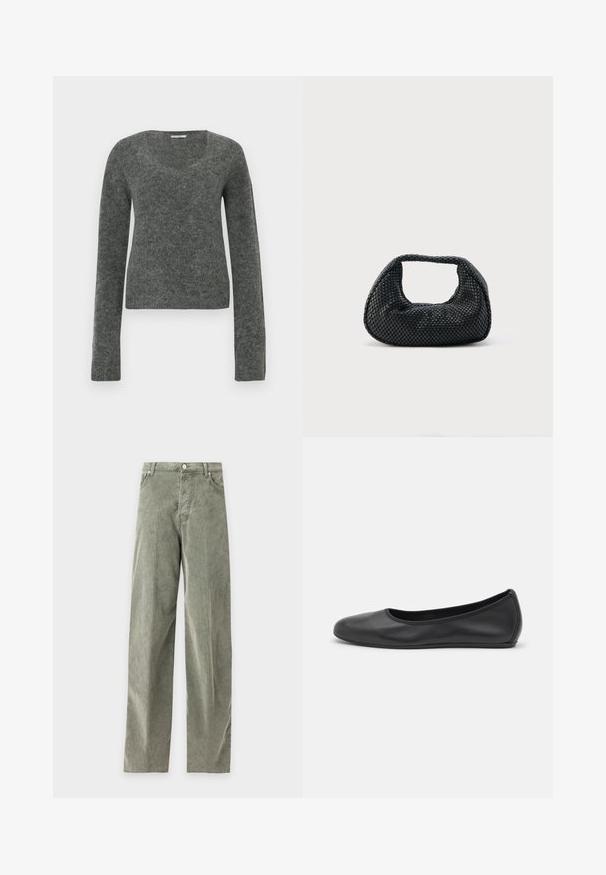 Pull gris à manches longues en tissu doux et texturé, avec un col large et arrondi et une silhouette ajustée.; Pantalon droit en velours côtelé vert avec bouton et fermeture éclair à l'avant, passants pour ceinture, poches latérales et arrière, présenté à plat sur un fond uni.; Ballerines en cuir noir avec un bout rond, texture lisse, détails de couture minimalistes et design de semelle flexible.; Sac hobo tissé noir avec une structure souple et une poignée intégrée, présenté sur un fond clair uni.