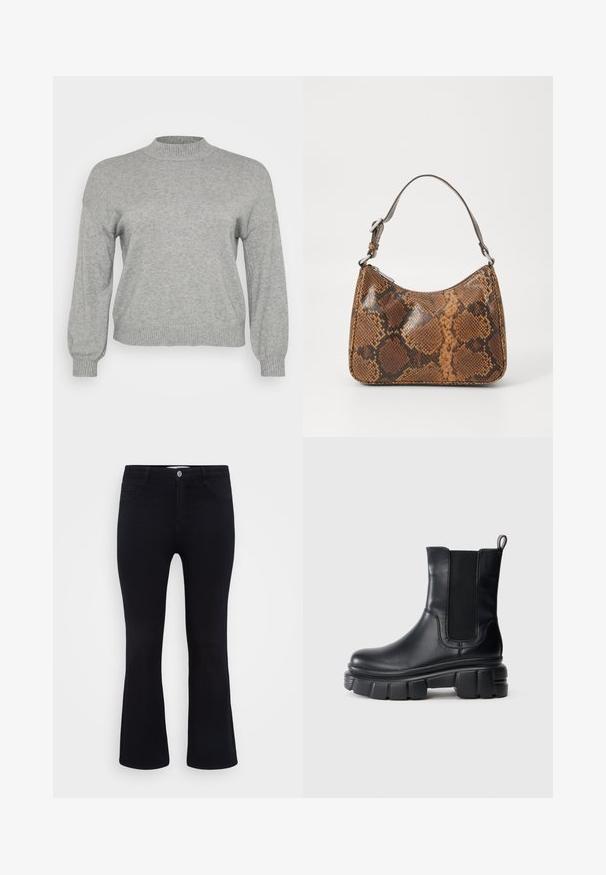 Helehall villane sviiter pika varrukaga, sooniku servadega ümar kaelus, mansetid ja allserv, esitatud valgel taustal.; ONLY Carmakoma Flared fit CARTHUNDER Mid waist - Alt laienevad teksad - black denim; Mustadast nahast Chelsea saapad paksu luku tallaga, elastsete külgpaneelidega ja tagaküljel tõmbeasis, valge tausta vastu.; Muidu käekott pruuni ja musta nahaimite mustriga, lühike reguleeritav rihm ja lukuga sulgemine.