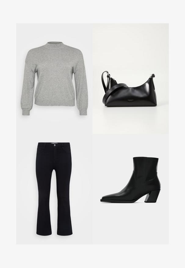 Helehall villane sviiter pika varrukaga, sooniku servadega ümar kaelus, mansetid ja allserv, esitatud valgel taustal.; ONLY Carmakoma Flared fit CARTHUNDER Mid waist - Alt laienevad teksad - black denim; Must must jalatsid mustast nahast, terava ninaga, stiilne siluett ja jäme ruudukujuline konts. Sile tekstuur, millel on minimaalsed õmblemise detailid.; Mustmust nahkaga kott sileda tekstuuriga. Omab reguleeritavat rihma ja sujuvat, minimalistlikku disaini, millel on lukuga sulgemine.