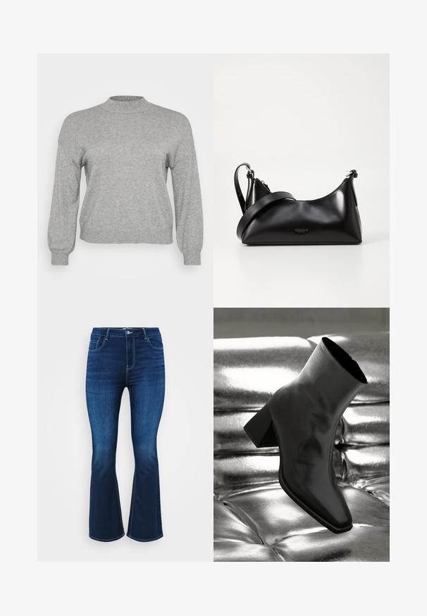 Lysegrå strikket sweater med lange ærmer, ribbestrikket rund hals, manchetter og kant, præsenteret på en hvid baggrund.; Mørkeblå bootcut jeans lavet af denim, med fem lommer, lynlås og knaplukning samt kontrastsyninger langs sømmene.; Sorte ankelstøvler lavet af glossy materiale med firkantet tå og spidse hæle, sat mod en skinnende sølv tuftet baggrund.; Sort læderhåndtaske med en glat tekstur. Har en justerbar stropp og et enkelt, minimalistisk design med lynlås.