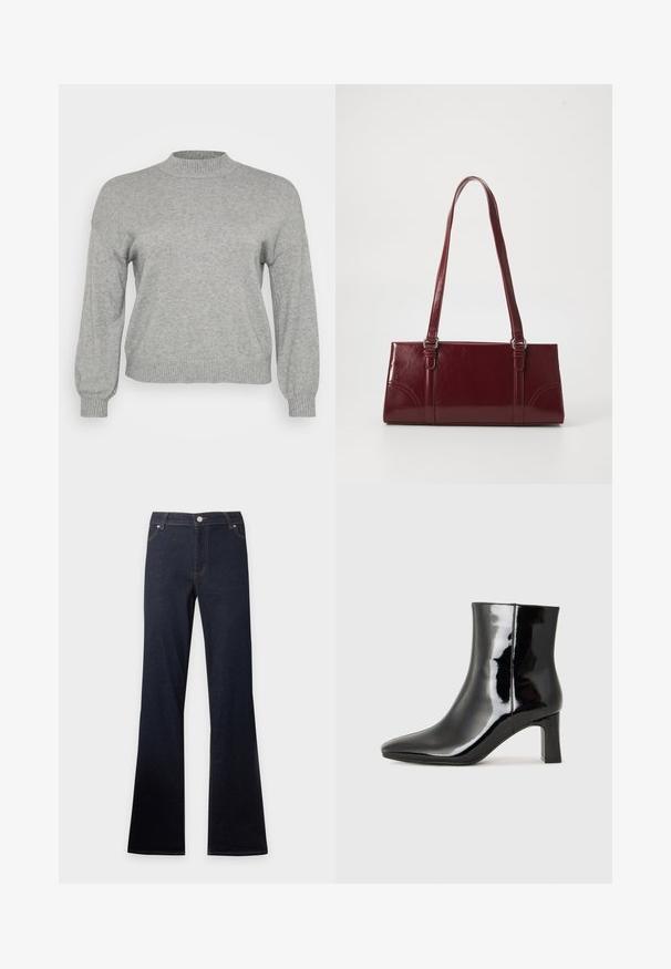 Pull en tricot gris clair à manches longues, avec un col rond côtelé, des poignets et un ourlet, présenté sur un fond blanc.; Jean en denim bleu foncé avec une taille haute et des jambes évasées, avec poches avant, bouton et fermeture éclair.; Bottines en cuir verni noir avec un bout pointu et un talon block de hauteur moyenne. Texture lisse et design minimaliste.; Sac à main bordeaux en matériau brillant, de forme rectangulaire, avec deux anses et des accents légèrement courbés à l'avant.