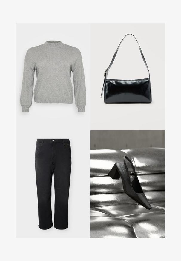 Pull en tricot gris clair à manches longues, avec un col rond côtelé, des poignets et un ourlet, présenté sur un fond blanc.; Jean noir à coupe droite avec passants pour ceinture, fermeture par bouton, poches avant et arrière, présenté sur un fond blanc.; Escarpin noir à bride arrière avec bout pointu, présentant une surface texturée et un talon bloc épais. Posé sur un fond métallique brillant.; Sac d'épaule rectangulaire noir avec une sangle réglable unique et une fermeture éclair supérieure sur un fond uni.