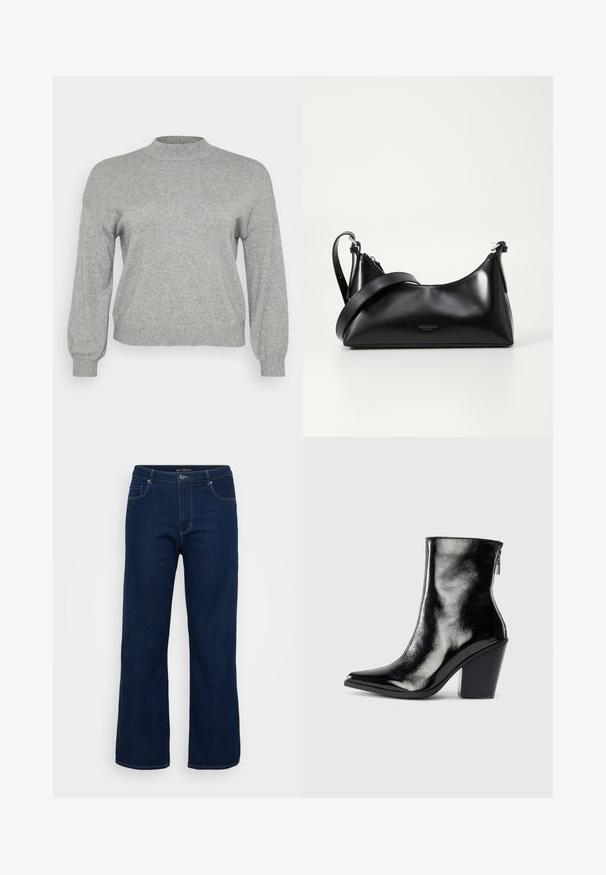 Pull en tricot gris clair à manches longues, avec un col rond côtelé, des poignets et un ourlet, présenté sur un fond blanc.; Jean en denim bleu foncé avec une coupe droite, dotés d'une fermeture éclair, de cinq poches et de coutures visibles.; Bottines en cuir noir avec une finition brillante, bout pointu et talon trapèze. Dotées d'une fermeture éclair latérale pour un enfilage facile.; Sac à main en cuir noir avec une texture lisse. Dispose d'une bandoulière adjustable et d'un design élégant et minimaliste avec une fermeture éclair.