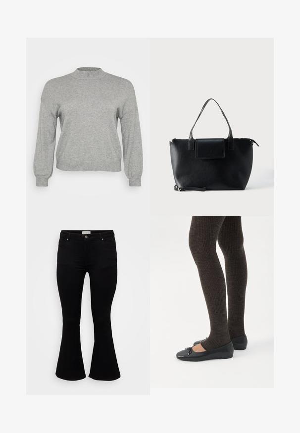 Pull en tricot gris clair à manches longues, avec un col rond côtelé, des poignets et un ourlet, présenté sur un fond blanc.; Jeans évasés noirs en denim doux, avec une taille cintrée, des poches avant et un ourlet évasé pour un ajustement décontracté.; Jambes portant des leggings côtelés foncés associés à des ballerines noires avec de petits détails en nœud sur fond blanc.; Sac cabas en cuir noir avec deux poignées, une bandoulière amovible, une fermeture à rabat magnétique et une texture lisse. Fermeture supérieure zippée et surpiqûres décoratives.