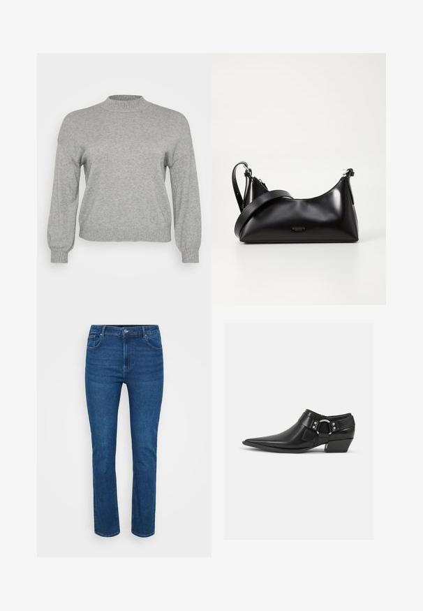 Pull en tricot gris clair à manches longues, avec un col rond côtelé, des poignets et un ourlet, présenté sur un fond blanc.; Jeans en denim bleu avec une coupe droite, présentant des coutures contrastées, un style à cinq poches et une fermeture à bouton en métal à la taille.; Bottines en cuir noir avec un bout pointu, présentant une sangle en cuir à l'avant et un détail de boucle en argent, ainsi qu'un petit talon carré.; Sac à main en cuir noir avec une texture lisse. Dispose d'une bandoulière adjustable et d'un design élégant et minimaliste avec une fermeture éclair.