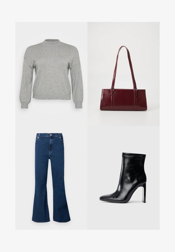 Hellgrauer, gestrickter Pullover mit langen Ärmeln, geripptem Rundhalsausschnitt, Bündchen und Saum, auf einem weißen Hintergrund präsentiert.; Dunkelblaue High-Waist-Jeans mit weit ausgestellten Beinen, Vorderknöpfen und Taschen, vor hellem Hintergrund präsentiert.; Schwarze Lederstiefelette mit spitzem Zeh und hohem, transparentem Absatz. Glatte Oberfläche und minimales Nähdetail an der Oberseite.; Burgunderfarbene Handtasche aus glänzendem Material, rechteckige Form, mit zwei Schulterriemen und subtilen, geschwungenen Akzenten an der Vorderseite.