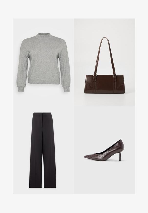 Pull en tricot gris clair à manches longues, avec un col rond côtelé, des poignets et un ourlet, présenté sur un fond blanc.; Pantalon noir taille haute à jambes larges avec détails de couture à l'avant et fermeture avant dissimulée, présenté sur un fond clair uni.; Escarpins à bout pointu en similicuir marron avec une texture crocodile, dotés d’un talon fin et angulaire ainsi que d’une doublure intérieure lisse.; Sac à main en cuir verni marron de forme rectangulaire, avec deux longues poignées et des accents courbés subtils à l'avant.
