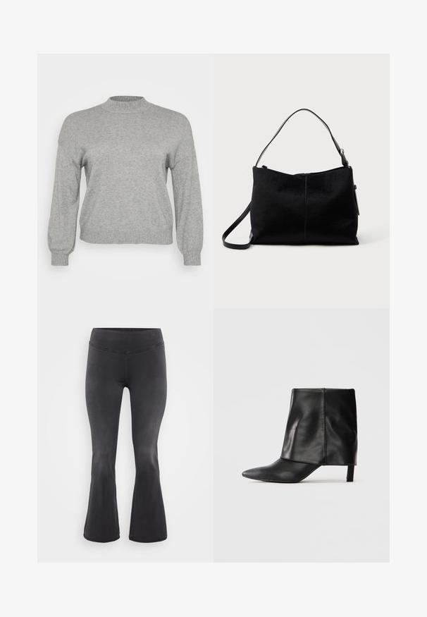Hellgrauer, gestrickter Pullover mit langen Ärmeln, geripptem Rundhalsausschnitt, Bündchen und Saum, auf einem weißen Hintergrund präsentiert.; ONLY Carmakoma Flared fit CARROYAL Mid waist - Flared Jeans - washed black; Schwarze Lederstiefel bis zur Mitte der Wade mit spitzer Zehe, gefaltetem oberen Schaft und schlankem, niedrigem Absatz auf weißem Hintergrund.; Schwarze Schultertasche mit einer glatten, strukturierten Oberfläche, ausgestattet mit einem einzigen Schulterriemen und einem oberen Reißverschluss. Kompakte rechteckige Form.