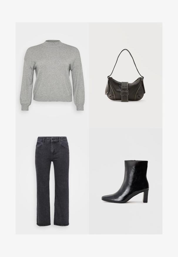 Lysegrå strikket sweater med lange ærmer, ribbestrikket rund hals, manchetter og kant, præsenteret på en hvid baggrund.; Sorte denim jeans med lige ben design, fem lommer og knaplukning. Stoffet har en let falmet tekstur og robust syning.; Sorte ankelstøvler lavet af blank læder, med spidse tæer og en mellemstor blokhæl, med en glat tekstur og et enkelt design.; Sort læder skuldertaske med spænde på remmen, afrundede kanter og kontrasterende hvide syninger på en ensfarvet baggrund.