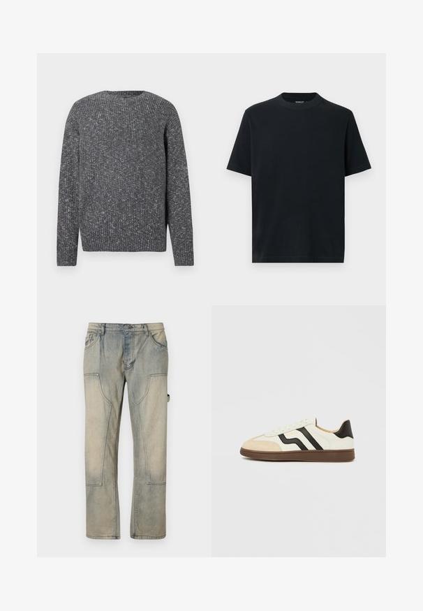 Pull à manches longues en maille côtelée gris foncé avec un col ras du cou et une texture mouchetée.; T-shirt noir à manches courtes avec un col rond, en coton doux. Design simple, sans motifs ni ornements.; Jean délavé bleu clair avec une coupe ample, doté de grandes poches avant et de coutures contrastées. Le tissu a une texture douce et usée.; Baskets en cuir blanc avec bandes noires et embout en daim beige. Semelle en caoutchouc brun foncé. Lacets et col rembourré complètent le design.