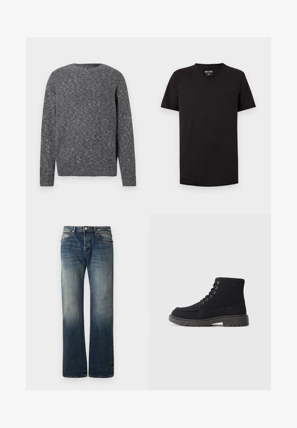 Pull à manches longues en maille côtelée gris foncé avec un col ras du cou et une texture mouchetée.; T-shirt noir à manches courtes avec col en V et étiquette "Only & Sons" au niveau du col, présenté sur un fond clair uni.; Jean large bleu foncé en denim. Présente des détails délavés, un design traditionnel à cinq poches et une fermeture à bouton en métal à la taille.; Bottines noires en daim et matériau synthétique. Bout arrondi, six œillets avec lacets métalliques, semelle en caoutchouc épaisse et détails de texte minimalistes.