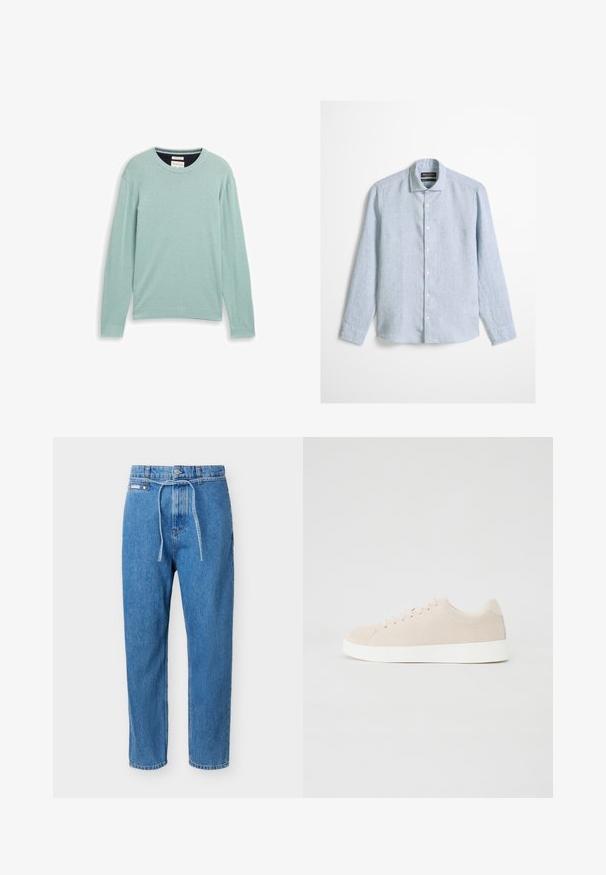 Pull en maille bleu clair à col rond avec manches longues, poignets et ourlet côtelés. Présente un logo subtil sur la poitrine. Texture douce.; Chemise bleu clair à manches longues avec boutons et col classique, en tissu texturé, présentée sur un fond uni.; Jean en denim bleu avec une coupe droite, taille haute, bouton à l'avant, fermeture éclair, et une fine ceinture en denim nouée à la taille.; Baskets en daim beige avec semelles en caoutchouc blanc, bout rond et six œillets pour les lacets. Texture lisse avec un design minimaliste.