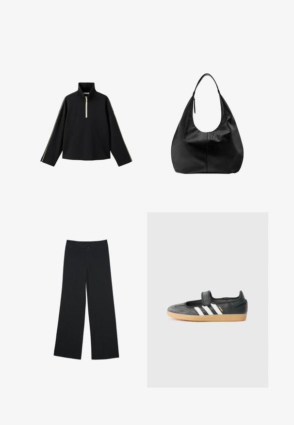 Pull-over noir à manches longues avec un col montant, une fermeture à glissière partielle à l'avant et de fines rayures contrastantes courant le long des manches.; Pantalons larges en tissu noir, avec des poches avant et une fermeture à bouton. Texture lisse, coupe ajustée et design à longueur complète.; Sneaker en cuir noir et suède avec une sangle Velcro, arborant trois bandes blanches et une semelle en caoutchouc, étiqueté "SAMBA" sur le côté.; Sac à main hobo décontracté en cuir noir avec une seule bandoulière large et un détail de tirette de fermeture éclair sur fond blanc uni.