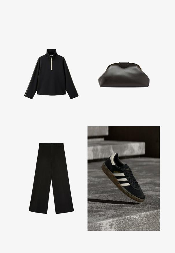 Pull-over noir à manches longues avec un col montant, une fermeture à glissière partielle à l'avant et de fines rayures contrastantes courant le long des manches.; Pantalon noir à jambes larges avec fermeture par bouton et zip, passants de ceinture et plis d’avant, posé à plat sur fond blanc.; Baskets Adidas noires avec des bandes blanches et une semelle en gomme flottant au-dessus d'escaliers en béton gris sous une lumière naturelle.; Pochette en cuir noir souple avec un cadre arrondi et une petite fermeture à languette en haut au centre.