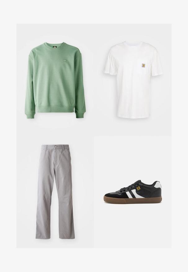 Roheline crewneck-sviiter, mis on valmistatud pehmest kangast, ribikottide ja alläärega ning väikese logotagiga ees. Sile tekstuur.; Valge puuvillane t-särk lühikeste varrukatega, rindade taskuga ja taskul väike ruudukujuline logo kleebis oranžis ja valges.; Hallid puuvillased püksid otse lõikega, millel on ees nupp sulgemiseks ja vöörihmad. Sile tekstuur ja minimaalne detailide hulk.; Mustvalged ja valged tossud, mille pealisosa on valmistatud sametist ja nahast, valgete triipudega, mustade paeltega ja pruunist kummist tallaga. Kuldse logo aktsendid.