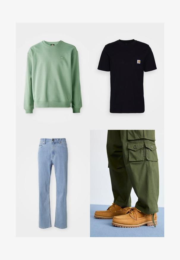 Grøn crewneck sweatshirt lavet af blødt stof, med ribbede manchetter og kant, samt et lille logo tag på fronten. Glat tekstur.; Sort bomulds T-shirt med korte ærmer, rund hals og en brystlomme, der har et lille, kvadratisk logo-patch. Enkel, ensfarvet design.; Lyseblå denim jeans med lige ben design, fem lomme stil, enkelt knaplukning og diskret falmning.; Timberland AUTHENTIC 3 EYE - Sejlersko - wheat