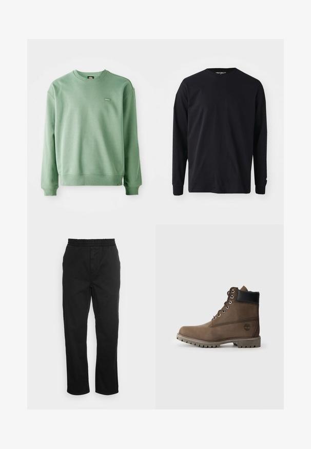 Roheline crewneck-sviiter, mis on valmistatud pehmest kangast, ribikottide ja alläärega ning väikese logotagiga ees. Sile tekstuur.; Must musta varrukatega T-särk, mis on valmistatud puuvillast, ümmarguse kaelusega ja sirge lõikega, väikese logodetailiga varrukal.; Must mustrid püksid elastse vöökohtaga, sirged sääred ja küljetaskud. Sile tekstuur ilma mustrite või aksessuaarideta.; Pruun nahast pahkluu saabas musta kaelusega, metallist silmadega ja robustse halli tallaga. Küljes on logo jaõmblustähed.