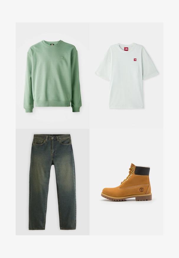 Groene crewneck sweatshirt van zacht materiaal, met ribbels op de manchetten en onderkant, en een klein logo label aan de voorkant. Effen textuur.; Lichtgroene T-shirt met korte mouwen van zachte katoen, voorzien van een klein rood logo label op de linker borst. Ontspannen pasvorm en ronde halslijn.; Donkergroene denim jeans met een ontwerp met vijf zakken, een knoopsluiting en een recht model, weergegeven op een effen lichte achtergrond.; Bruine leren enkellaars met metalen oogjes, witte faux bont voering, zwarte gewatteerde kraag, robuuste zool en een reliëflogo aan de zijkant.