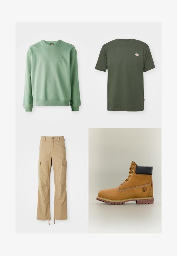 Roheline crewneck-sviiter, mis on valmistatud pehmest kangast, ribikottide ja alläärega ning väikese logotagiga ees. Sile tekstuur.; Olive rohelise puuvillase T-särgiga, ümmargune kaelus, lühikesed varrukad ja väike värviline logo rinnal. Sile tekstuur, igapäevane disain.; Khaki värvi cargo püksid, mis on valmistatud vastupidavast kangast, mitme küljetasku, sirge jala disaini ja reguleeritavate nööridega hemmi peal.; Pruun nahast pahkluu saabas musta kraega, kollaste paelte ja beežide tallaga. Omab logo ja valge õmbluse detaile. Tugeva haardega välistald.
