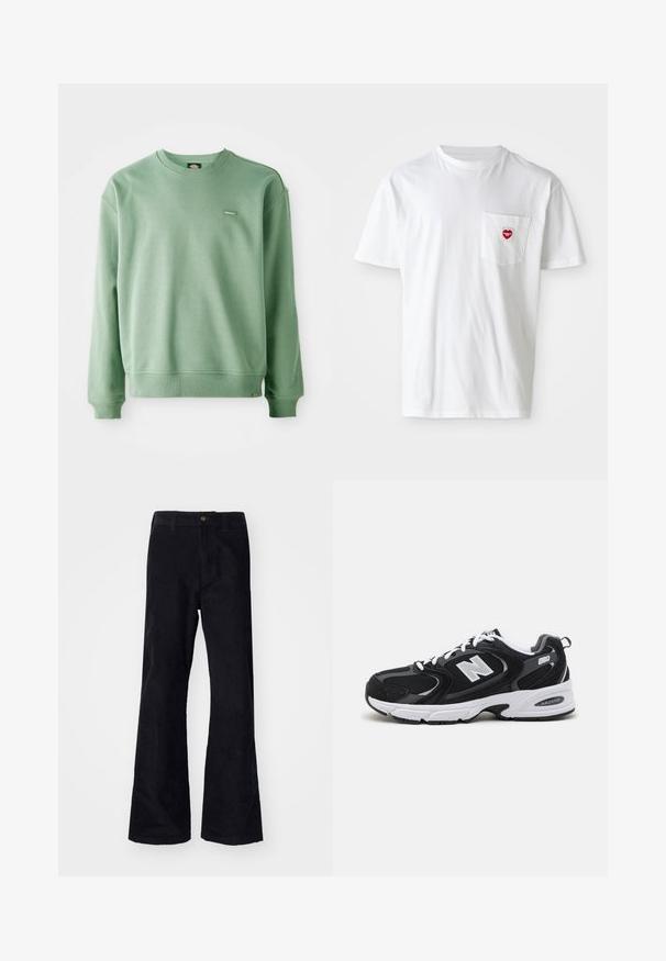Roheline crewneck-sviiter, mis on valmistatud pehmest kangast, ribikottide ja alläärega ning väikese logotagiga ees. Sile tekstuur.; Valge puuvillane T-särk ümmarguse kaelusega ja lühikeste varrukatega. Vasakul rindkere taskul on väike punane südamelogo.; Mustad mustad flared püksid traditsioonilise vöökoha, ühe esiknappi ja taskutega külgedel ja taga. Sile tekstuur.; Must värvi ja hallid spordijalatsid, mille ülemine osa on valmistatud võrgust ja nahast, valge vaheosaga, paeltega ja küljel julge "N" logo.