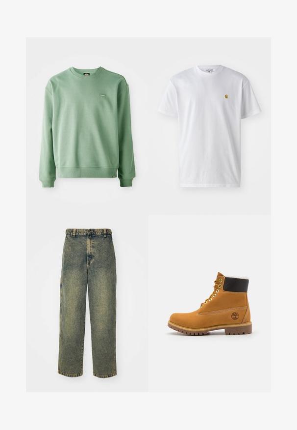 Roheline crewneck-sviiter, mis on valmistatud pehmest kangast, ribikottide ja alläärega ning väikese logotagiga ees. Sile tekstuur.; Valge puuvillane t-särk lühikeste varrukatega, ümmargune kaelus, millel on väike kuldne logo vasakul rinnal. Pehme tekstuur ja regulaarne lõike.; Laiad teksad pleekinud sinise ja rohelise värviga. Varustatud nööbist sulgemisega, vöökontuuridega ja küljetaskutega. Lame esipaneel ja sirged sääred.; Pruun nahast pahkluu saabas metallist silmadega, valge karvane vooder, must pehmendatud krae, robustne tallal ja küljes reljeefne logo.