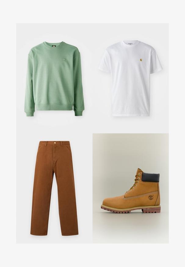Roheline crewneck-sviiter, mis on valmistatud pehmest kangast, ribikottide ja alläärega ning väikese logotagiga ees. Sile tekstuur.; Valge puuvillane t-särk lühikeste varrukatega, ümmargune kaelus, millel on väike kuldne logo vasakul rinnal. Pehme tekstuur ja regulaarne lõike.; Pruunid sirgelõikelised püksid, millel on vööaugud, esitaskud ja nööpkinnitusega vöökoht, toodud esile ühevärvilisel taustal.; Pruun nahast pahkluu saabas musta kraega, kollaste paelte ja beežide tallaga. Omab logo ja valge õmbluse detaile. Tugeva haardega välistald.