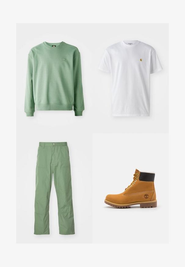 Roheline crewneck-sviiter, mis on valmistatud pehmest kangast, ribikottide ja alläärega ning väikese logotagiga ees. Sile tekstuur.; Valge puuvillane t-särk lühikeste varrukatega, ümmargune kaelus, millel on väike kuldne logo vasakul rinnal. Pehme tekstuur ja regulaarne lõike.; Heledad rohelised, mugavad püksid, millel on sujuv tekstuur, küljetaskud ja nähtavad õmblusdetailid. Täispikkusega ja sirge jala disainiga.; Pruun nahast pahkluu saabas metallist silmadega, valge karvane vooder, must pehmendatud krae, robustne tallal ja küljes reljeefne logo.