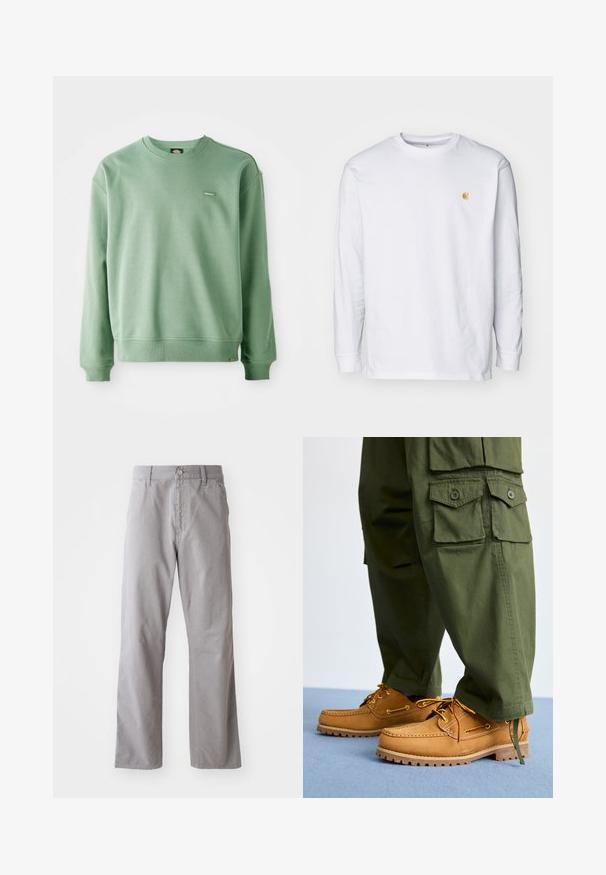 Grøn crewneck sweatshirt lavet af blødt stof, med ribbede manchetter og kant, samt et lille logo tag på fronten. Glat tekstur.; Hvid langærmet t-shirt lavet af bomuld. Har et lille gyldent logo på brystet og en rund halsudskæring. Enkel design og standard pasform.; Grå bomuldsbukser med lige ben-design, der har en frontknaplukning og bæltestropper. Glat tekstur og minimal detaljer.; Timberland AUTHENTIC 3 EYE - Sejlersko - wheat