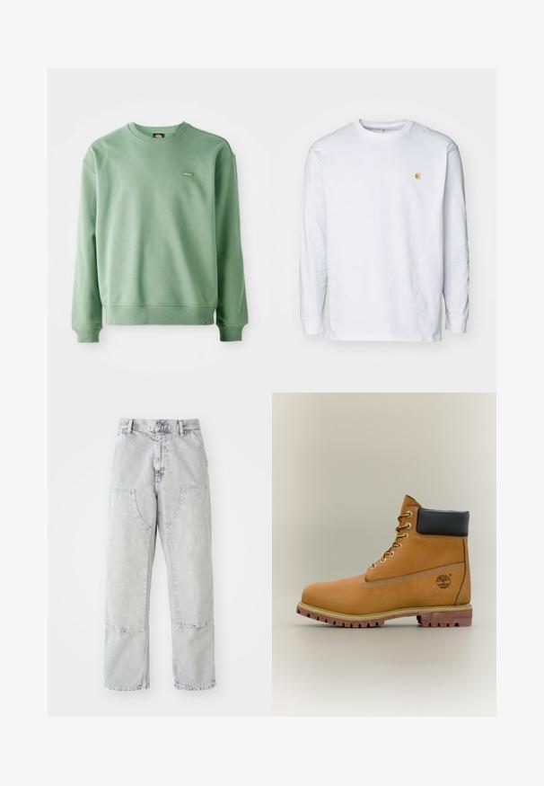 Roheline crewneck-sviiter, mis on valmistatud pehmest kangast, ribikottide ja alläärega ning väikese logotagiga ees. Sile tekstuur.; Valge pika varrukaga T-särk, mis on valmistatud puuvillast. Rinnal on väike kuldne logo ja ümar kaelus. Lihtne disain ja standardne lõige.; Heledad hallid denimpüksid, millel on avar lõige, suured küljetaskud, nähtavad õmblused ja sirge säärekujundus. Vööloopide koht puusal.; Pruun nahast pahkluu saabas musta kraega, kollaste paelte ja beežide tallaga. Omab logo ja valge õmbluse detaile. Tugeva haardega välistald.