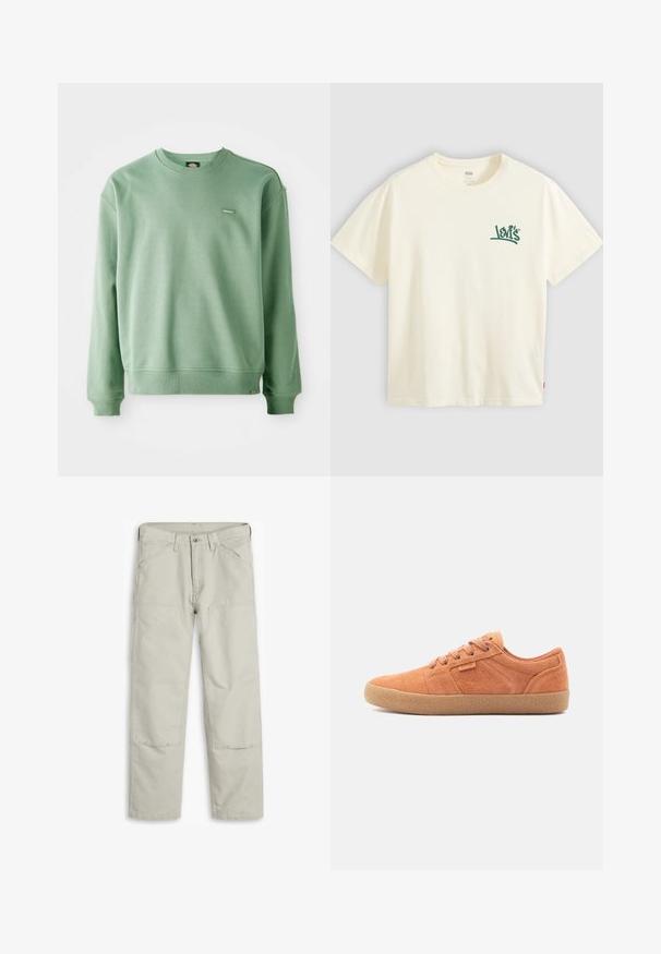 Vihreä crewneck-collegepaita, joka on valmistettu pehmeästä kankaasta. Paidan hihansuissa ja helmassa on ribattu viimeistely, ja edessä on pieni logotagi. Pintakuvio on sileä.; Luonnonvalkoinen lyhythihainen pyöreäläpäinen t-paita, jossa pieni vihreä Levi's-logo vasemmassa rinnassa.; Vaaleanharmaat puuvillahousut, joissa on suora leikkaus, useita taskuja, vahvistetut polvipaikat ja kontrastiväriset ompeluseokset.; Kahve süet spor ayakkabılar, dokulu yüzeye, yuvarlak buruna ve kauçuk tabana sahiptir. Bağcıklı tasarımı ve yanlarda dikişli detayları bulunmaktadır.