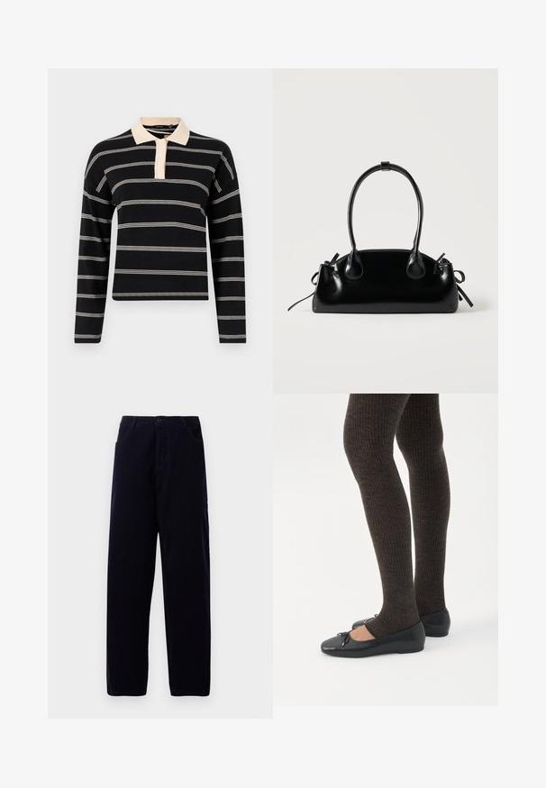 Polo shirt noir à manches longues avec des rayures horizontales crème, présentant un col crème et une patte de boutonnage à trois boutons. Texture en maille douce.; Pantalons en velours côtelé bleu marine foncé à jambe droite, avec poches avant et fermeture à bouton à la taille.; Jambes portant des leggings côtelés foncés associés à des ballerines noires avec de petits détails en nœud sur fond blanc.; Petit sac à main noir brillant avec deux longues anses et des détails à cordon sur les côtés sur un fond clair uni.