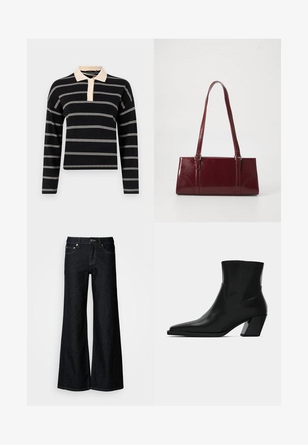 Polo shirt noir à manches longues avec des rayures horizontales crème, présentant un col crème et une patte de boutonnage à trois boutons. Texture en maille douce.; Jean en denim foncé à jambes larges avec une taille haute, un design à cinq poches et une couture contrastée jaune le long des coutures.; Bottine en cuir noir avec un bout pointu, une silhouette élégante et un talon carré massif. Texture lisse avec des détails de couture minimalistes.; Sac à main bordeaux en matériau brillant, de forme rectangulaire, avec deux anses et des accents légèrement courbés à l'avant.