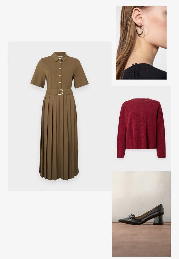 Pull-over rouge à manches longues, présentant un motif texturé. Col rond et coupe décontractée. Tissu doux en maille.; Robe chemise marron à manches courtes avec col, fermeture à boutons, taille cintrée avec ceinture dotée d'une boucle ronde en métal, et jupe plissée.; Talons aiguilles en cuir noir avec un talon bloc et un petit nœud décoratif, posés sur un sol gris avec un mur vert foncé en arrière-plan.; Boucle d'oreille en argent avec une finition polie, présentant de petits détails en or et de forme ronde, portée sur le lobe.