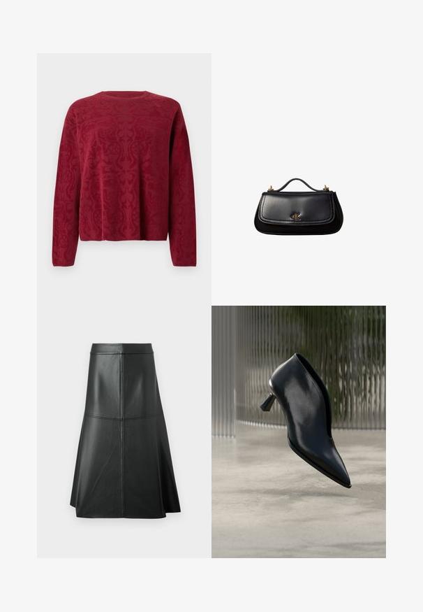 Pull-over rouge à manches longues, présentant un motif texturé. Col rond et coupe décontractée. Tissu doux en maille.; Jupe trapèze en cuir noir, texture lisse, longueur mi-mollet, avec des détails de couture horizontale à la taille et aux coutures pour un maintien supplémentaire.; Bottine noire en cuir à bout pointu, design ajusté et talon de hauteur moyenne à forme unique sur un sol en béton lisse.; Sac à main en cuir noir avec une petite poignée, logo "cK" doré sur le rabat avant, et accessoires dorés.