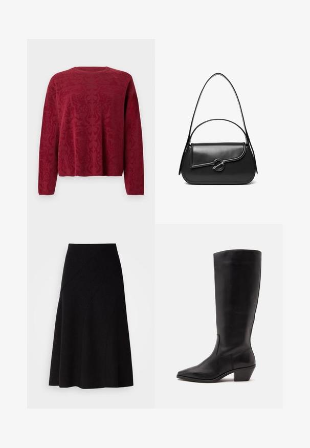 Rød pullover-sweater med lange ærmer og et tekstureret mønster. Rund halsudskæring og afslappet pasform. Blødt, strikket stof.; Sort uld A-line nederdel med mellem høj talje, der har diagonale sømdetaljer og en glat tekstur, der falder lige under knæet.; Sort læderstøvle til midtkalv med spids tå og lavt skråt hæl på en enkel lys baggrund.; Sort skuldertaske i læder med en buet klap, der er fastgjort med en rund metal spænde, og en slank, justerbar rem.