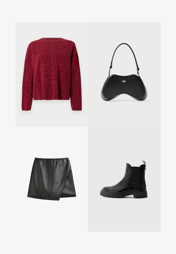Pull-over rouge à manches longues, présentant un motif texturé. Col rond et coupe décontractée. Tissu doux en maille.; Mini jupe en cuir noir avec un design en portefeuille, dotée d'une texture lisse, d'une fermeture éclair dissimulée à l'arrière et d'une couture propre sur les bords.; Bottines Chelsea noires avec une finition brillante, panneaux latéraux en élastique et une épaisse semelle en caoutchouc. Comprend une languette pour un enfilage facile.; Sac à main en similicuir noir avec une forme incurvée unique, une poignée courte et un détail de logo argenté sur le devant. Texture lisse, design minimaliste.