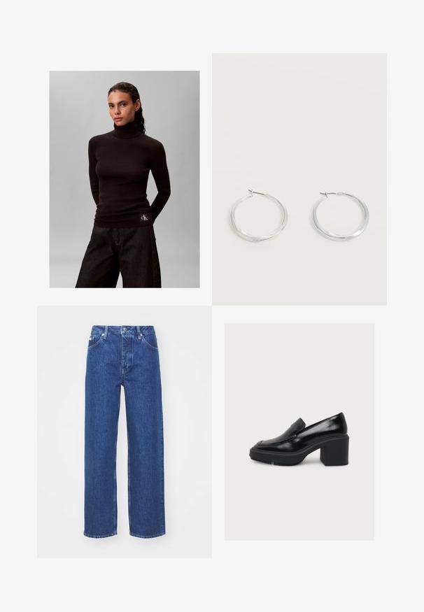 Mujer con cabello oscuro lleva un suéter de cuello alto acanalado negro y pantalones anchos oscuros sobre un fondo gris liso.; Jeans de mezclilla azul de pierna ancha con una cintura alta, con cierre de cremallera y botón, presillas para el cinturón y un ligero desgaste en la tela.; Mocasín de cuero negro con tacón alto grueso y suela de plataforma, mostrado de perfil sobre un fondo blanco liso.; Pendientes de aro de metal plateado con superficie lisa y ligeramente curvada y cierre de tipo mosquetón sobre un fondo blanco liso.