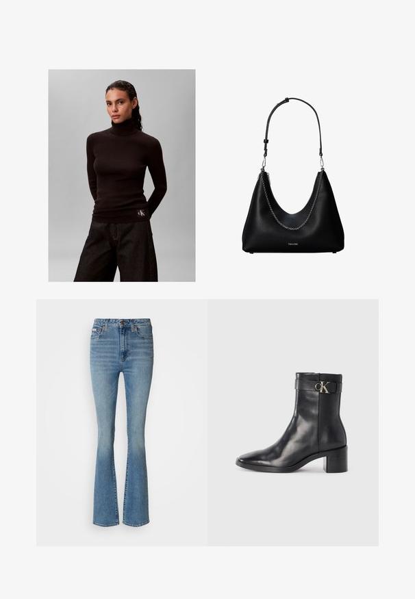 Mujer con cabello oscuro lleva un suéter de cuello alto acanalado negro y pantalones anchos oscuros sobre un fondo gris liso.; Jeans acampanados de color azul claro, fabricados en denim, con una cintura alta, lavado desgastado y costuras visibles, y detalles en hardware marrón.; Bota de tobillo de cuero negra con punta afilada, tacón cuadrado y una correa con un detalle de logo metálico. Textura suave y diseño minimalista.; Bolso de mano de cuero negro con detalle de cadena plateada y correa de hombro ajustable, con el logo de Calvin Klein en la parte frontal.