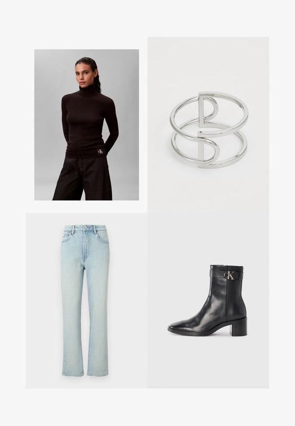 Kvinde med mørkt hår iført en sort ribbet rullekravesweater og mørke, vidde bukser mod en ensfarvet grå baggrund.; Lyseblå jeans med høj talje og lige ben, med forreste knap, bæltestropper og klassisk femlomme design mod en ensfarvet baggrund.; Sort læder ankelstøvle med spids tå, blokhæl og en rem med en metallisk logo detalje. Glat tekstur og minimalistisk design.; Sølv metal armbånd med en dobbeltloopdesign, der har en glat, blank overflade og en minimalistisk geometrisk accent.