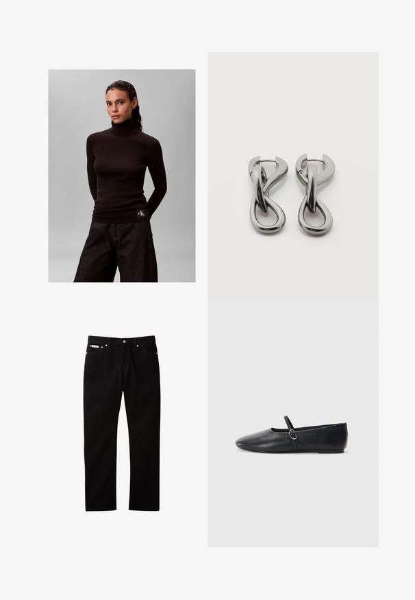 Mujer con cabello oscuro lleva un suéter de cuello alto acanalado negro y pantalones anchos oscuros sobre un fondo gris liso.; Pantalones vaqueros de mezclilla negra con diseño de pierna recta, con cierre de botón y cremallera, cinco bolsillos y una pequeña etiqueta con el logo en la cinturilla.; Bailarinas de cuero negro con punta afilada, suela plana y una pequeña correa con detalle de hebilla plateada.; Par de pendientes de metal con acabado plateado y diseño abstracto de bucles entrelazados sobre un fondo blanco.