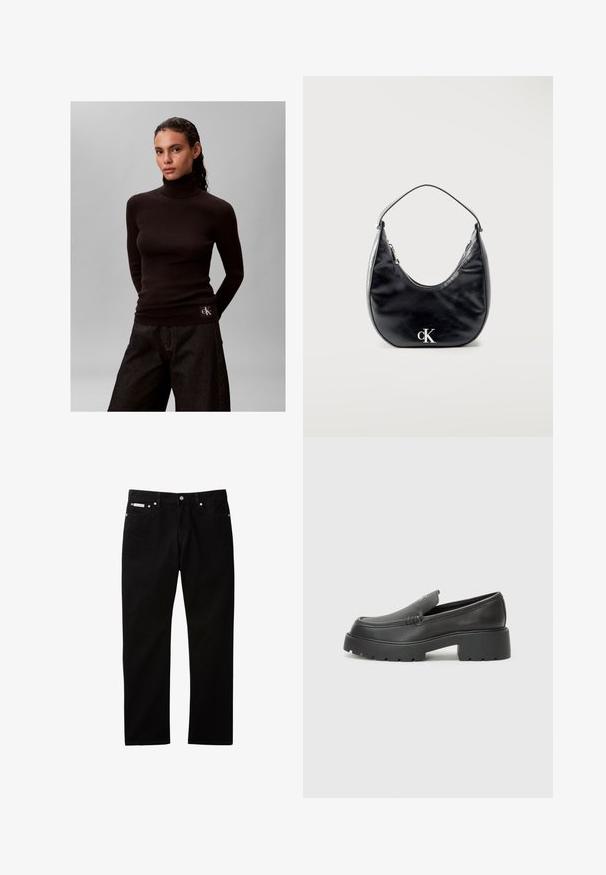 Mujer con cabello oscuro lleva un suéter de cuello alto acanalado negro y pantalones anchos oscuros sobre un fondo gris liso.; Pantalones vaqueros de mezclilla negra con diseño de pierna recta, con cierre de botón y cremallera, cinco bolsillos y una pequeña etiqueta con el logo en la cinturilla.; Mocasines de piel negra con punta redondeada, suela texturizada gruesa y mínimos detalles de costura. Diseño elegante sin cordones o herrajes visibles.; Bolso de mano de cuero negro en forma de media luna con asa corta y logotipo "cK" plateado en el frente, cierre de cremallera en la parte superior.