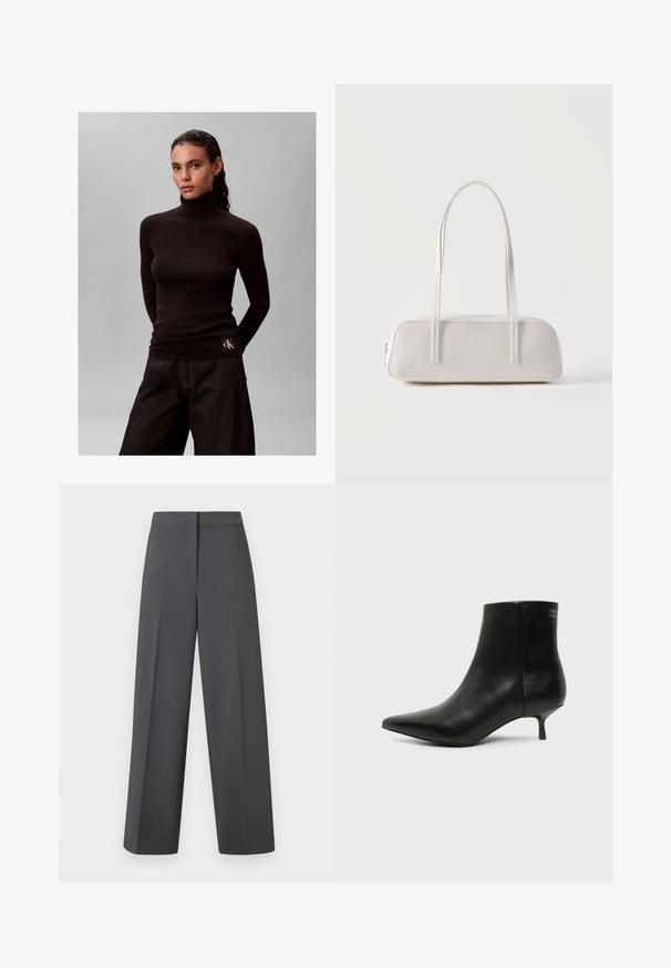 Femme aux cheveux foncés portant un pull à col roulé côtelé noir et un pantalon large et foncé sur un fond gris uni.; Pantalon à jambes larges gris foncé en tissu lisse, avec une ceinture plate et des détails de couture discrets, présentant un design élégant et ajusté.; Bottine en cuir noir avec bout pointu et petit talon kitten sur fond clair, vue côté extérieur.; Sac d'épaule rectangulaire blanc avec des bretelles longues et fines, couture minimale, et fermeture éclair sur un fond uni.