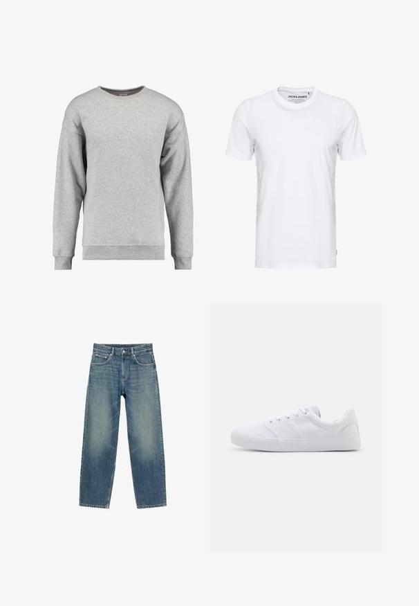 Lysegrå sweatshirt med lange ærmer og rund hals, med ribstrikkede manchetter og kant, ensfarvet blødt stof, ingen synlige mønstre eller logoer.; Hvid t-shirt med korte ærmer lavet af bomuld, med en rund hals og et enkelt design. Brandtag synlig på halsområdet. Ingen mønstre eller accenter.; Blå straight-leg jeans i denim med frontlommer, bæltestropper og knaplukning, vist mod en hvid baggrund.; Hvide lærreds sneakers med gummisål, der har seks snørehuller, en struktureret tåkap og et minimalistisk design.